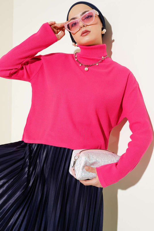 Fuchsia Turtleneck Loose Fit Knitted Sweater