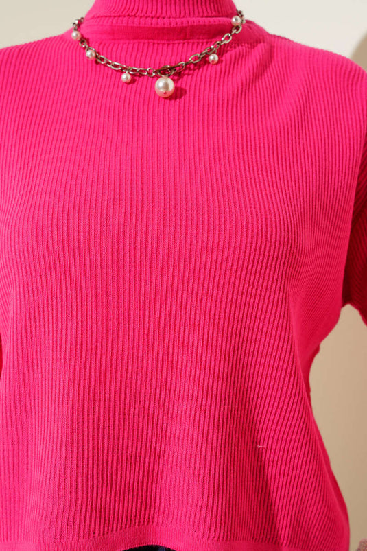 Fuchsia Turtleneck Loose Fit Knitted Sweater