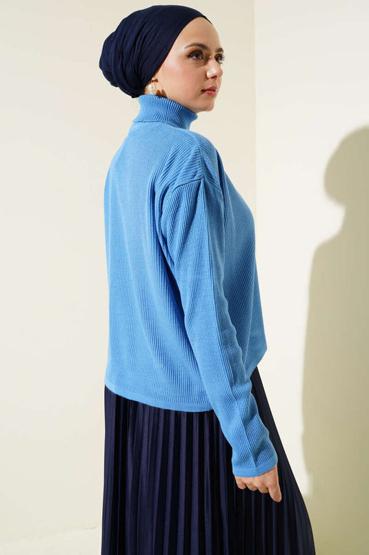 Turtleneck Loose Fit Ribbed Knit Sweater Indigo