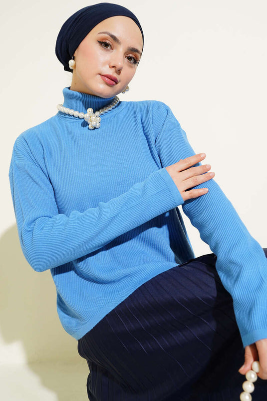 Turtleneck Loose Fit Ribbed Knit Sweater Indigo