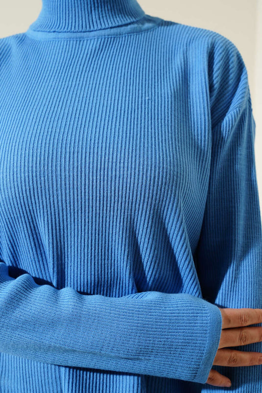 Turtleneck Loose Fit Ribbed Knit Sweater Indigo