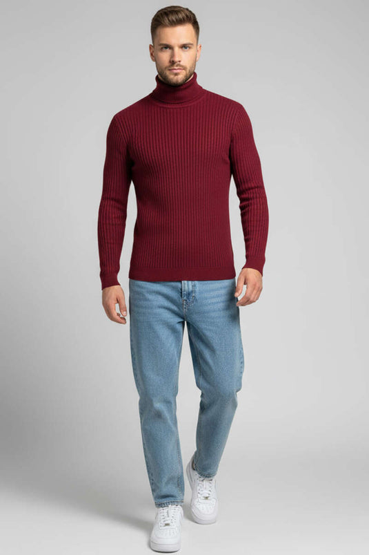 كنزة صوفية رجالية بياقة عالية، لون عنابي