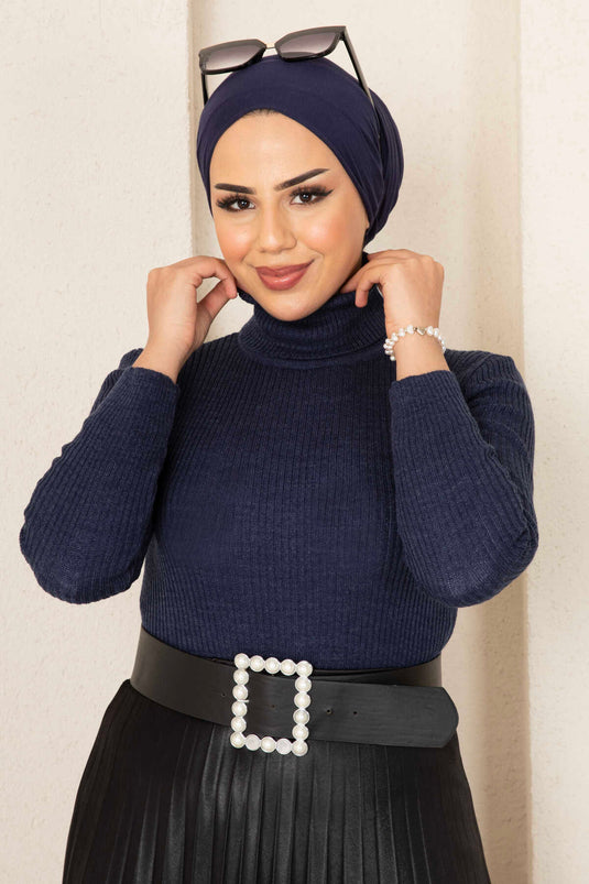 Pull Maille Col Roulé Bleu Marine