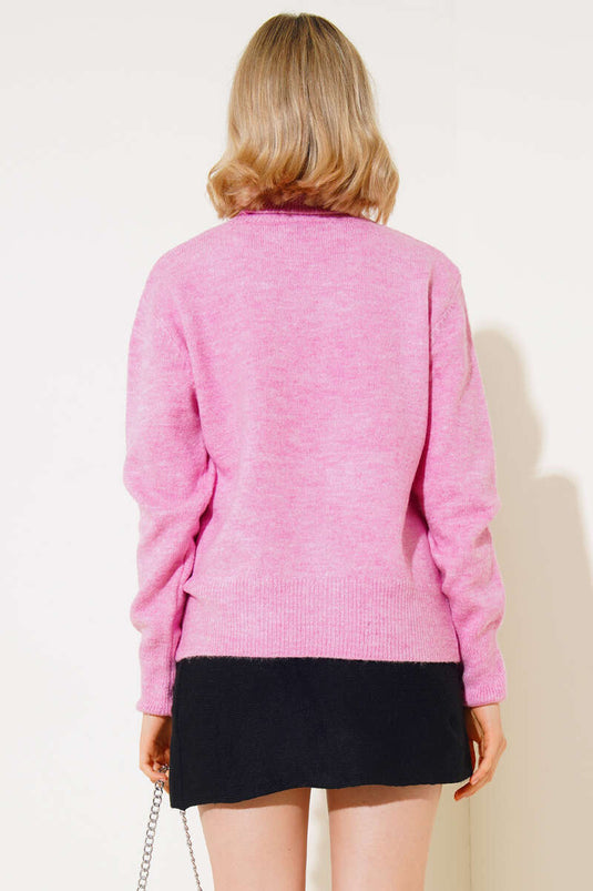 سترة محبوكة بياقة مدورة وردية