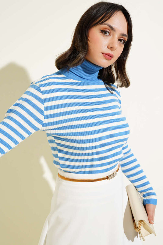 Turtleneck Horizontal Striped Knit Sweater Indigo