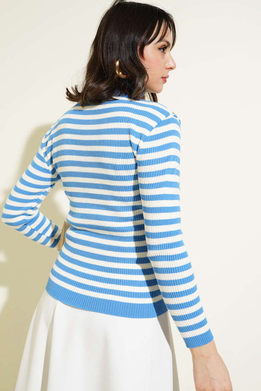 Turtleneck Horizontal Striped Knit Sweater Indigo