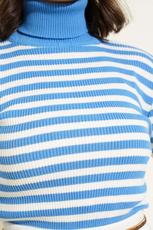 Turtleneck Horizontal Striped Knit Sweater Indigo