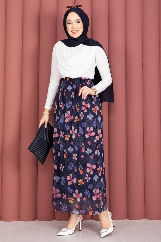 Gonna in chiffon tulle blu scuro con stampa floreale e vita elasticizzata stile bohemien