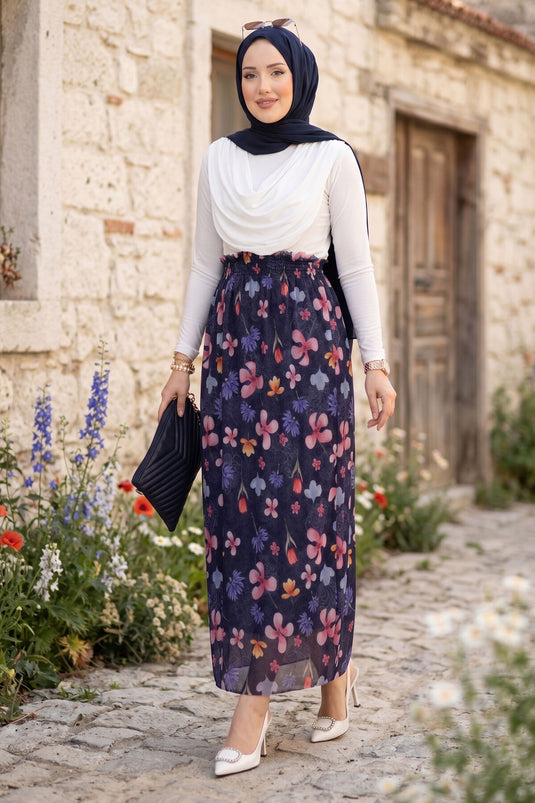 Gonna in chiffon tulle blu scuro con stampa floreale e vita elasticizzata stile bohemien