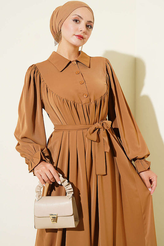 Robe Shirred Buzgulu Camel