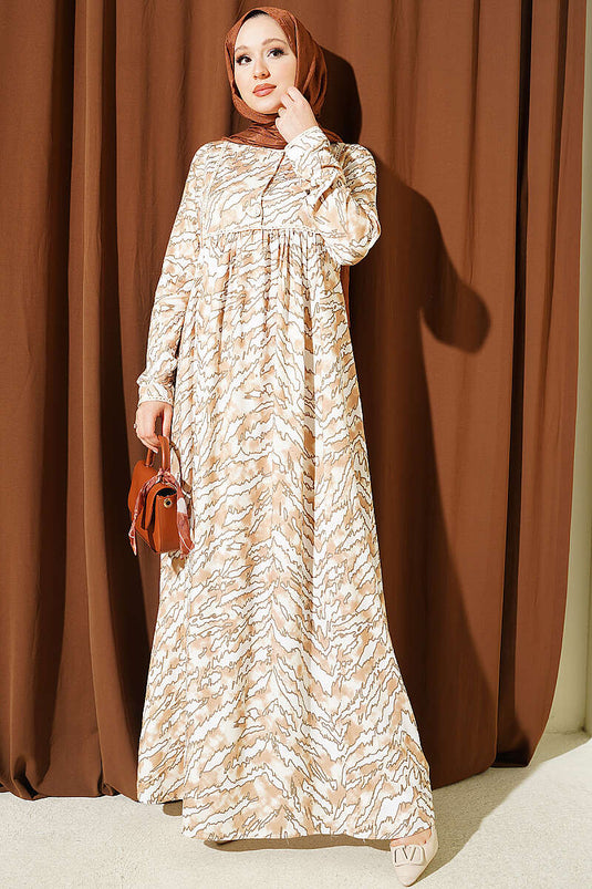 Beige Langarmkleid Mit Spitzenmuster An Brust Und Taille
