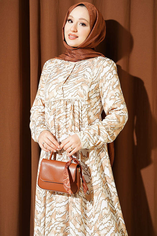 Beige Langarmkleid Mit Spitzenmuster An Brust Und Taille