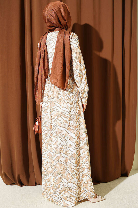 Beige Langarmkleid Mit Spitzenmuster An Brust Und Taille