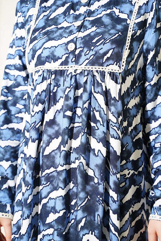 Marine Langarm Kleid Mit Spitzenbrust Und Taillen-Details