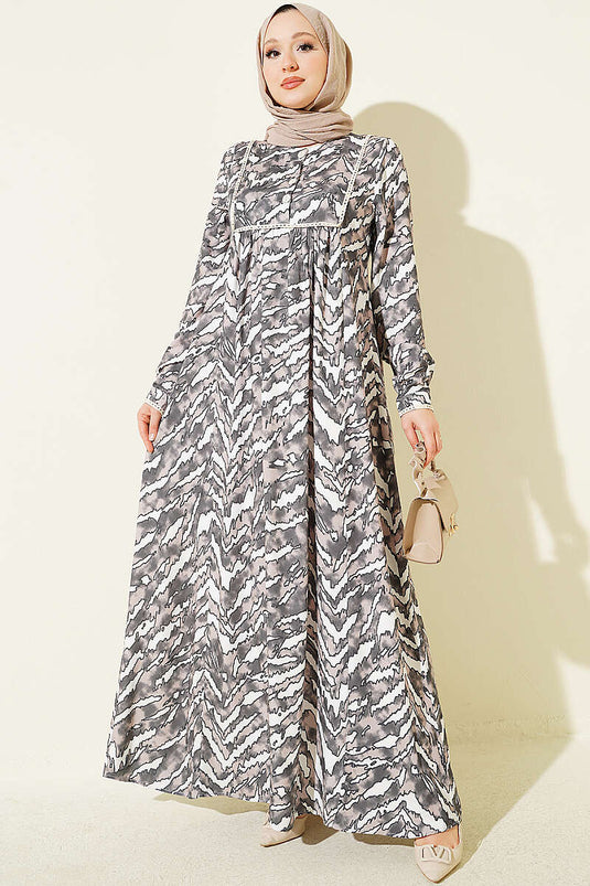 Braune Langarmkleid Mit Spitzenbrust- Und Taillen-Details