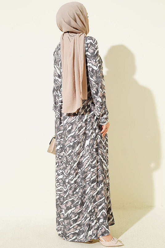 Braune Langarmkleid Mit Spitzenbrust- Und Taillen-Details