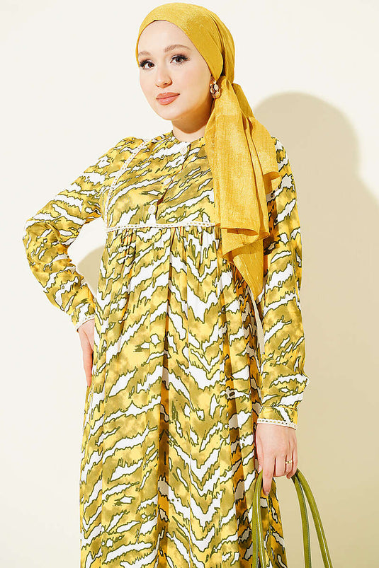 Langes Ärmel Grünes Kleid Mit Spitzenbrust- Und Taillen-Details
