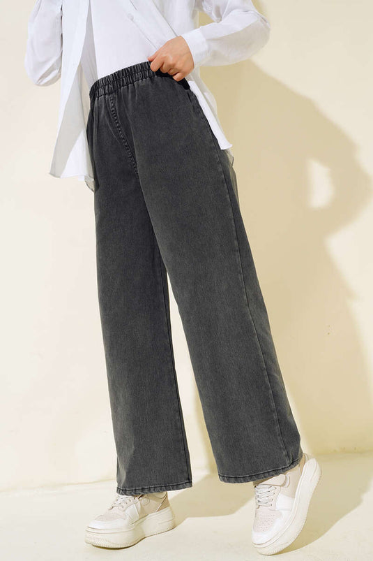 Jeans mit weitem Bein und elastischer Taille in Rauchfarbe