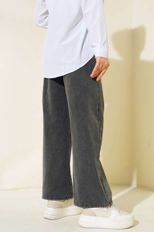 Jeans mit weitem Bein und elastischer Taille in Rauchfarbe