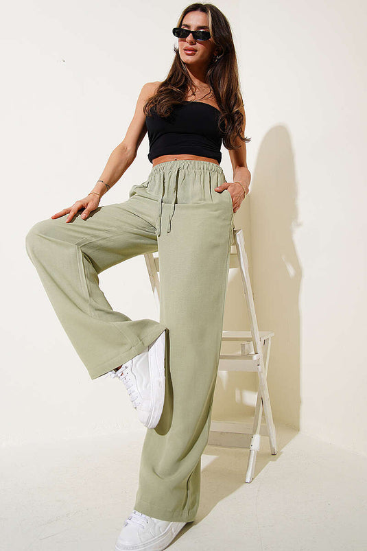 Pantalon en lin à taille élastique et jambes larges, vert avocat