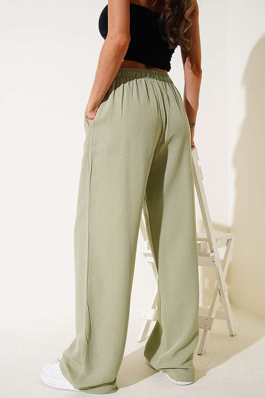 Pantalon en lin à taille élastique et jambes larges, vert avocat