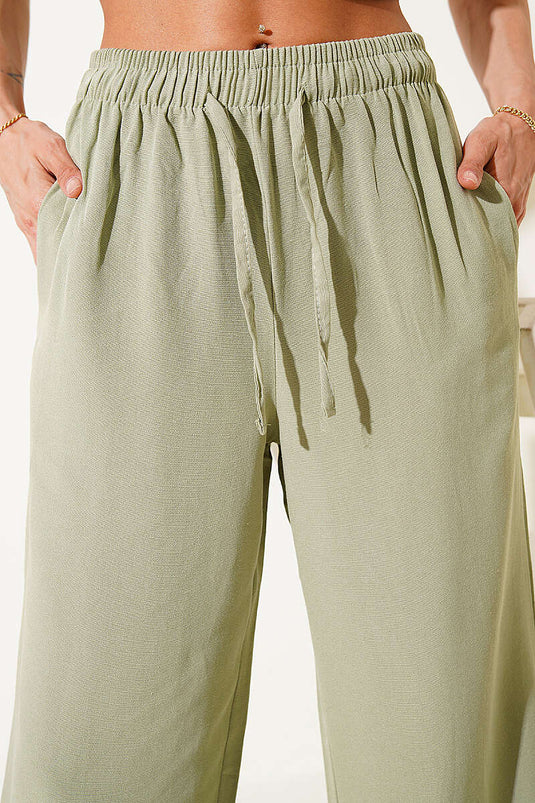 Pantalon en lin à taille élastique et jambes larges, vert avocat