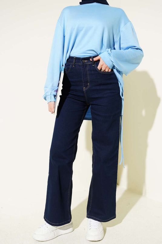 Wide Leg Denim Pants with Pockets Navy