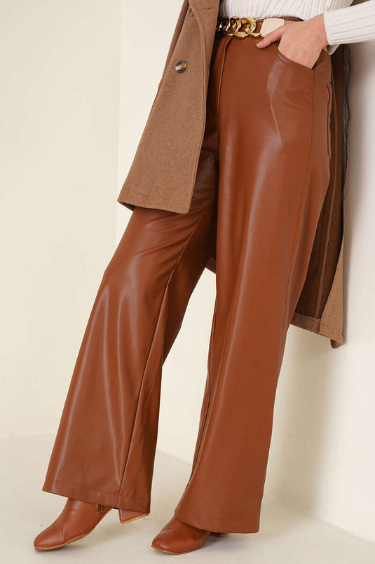 Pantalon Large En Cuir Marron