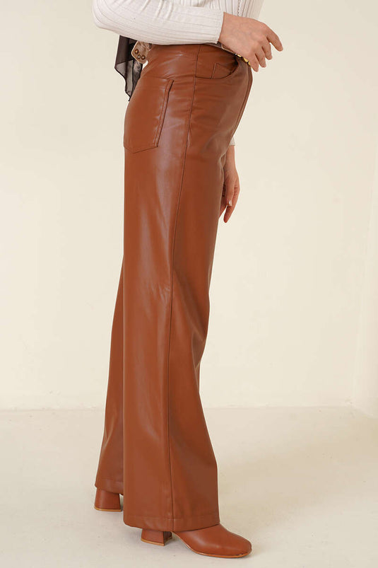 Pantalon Large En Cuir Marron