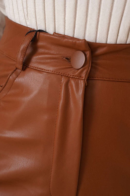 Pantalon Large En Cuir Marron