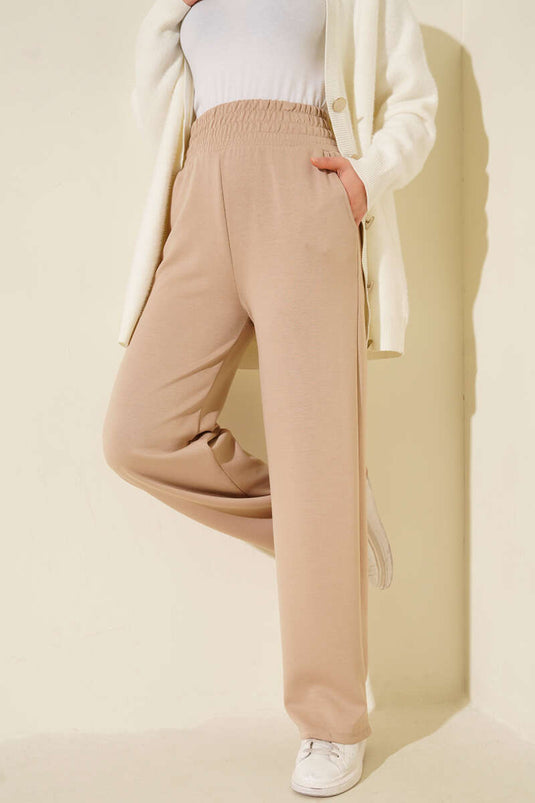 Bol Paça Geniş Bel Lastikli Pantolon Bej