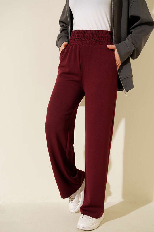 Bol Paça Geniş Bel Lastikli Pantolon Bordo