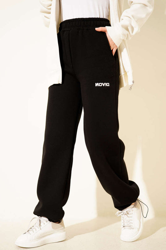 Bol Paça Lastikli Üç İplikli Pantolon Siyah