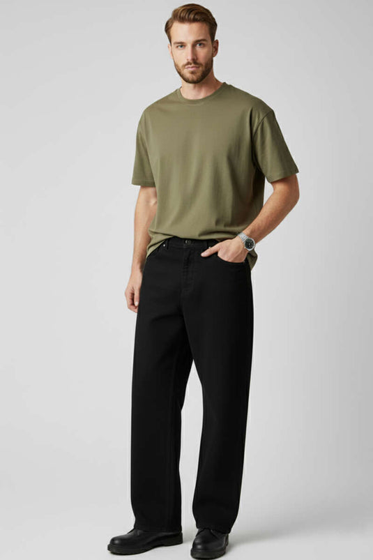 Men's Wide Leg Denim Trousers, Black