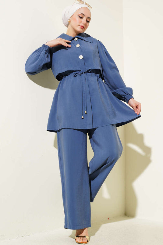 Bolero Detail Waist Tunnel Two Piece Set Indigo