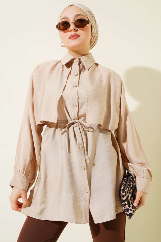 Beige Tencel Shirt with Bolero Detailed Tie Belt