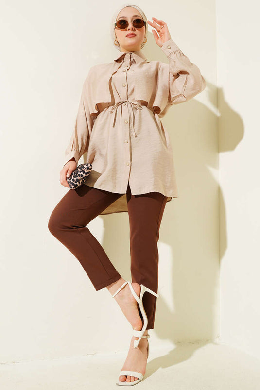 Beige Tencel Shirt with Bolero Detailed Tie Belt