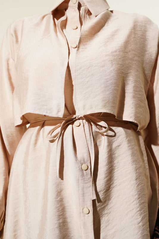 Beige Tencel Shirt with Bolero Detailed Tie Belt