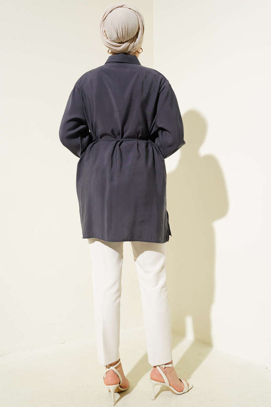 Bolero met detail en touwceintuur, Tencel overhemd, rokerig grijs