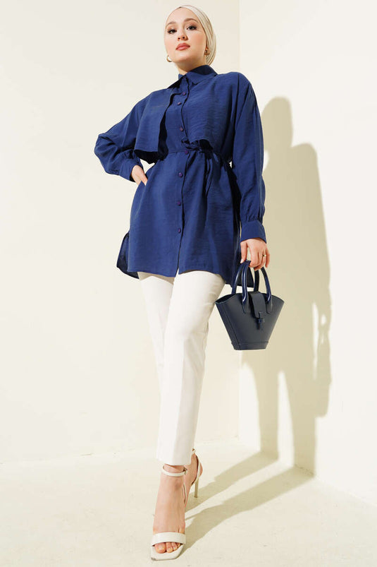 Bolero met Details en Koordceintuur Tensel Blouse Donkerblauw