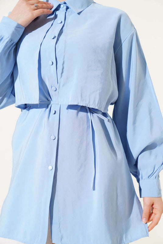 Camicia in Tencel blu con bolero e cintura a cordoncino