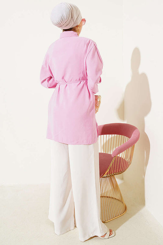 Chemise en tencel rose avec boléro et ceinture à cordon