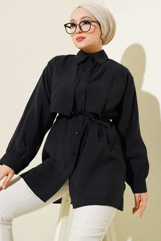 Bolero-Shirt aus Tencel mit Seilgürtel und Detail in Schwarz