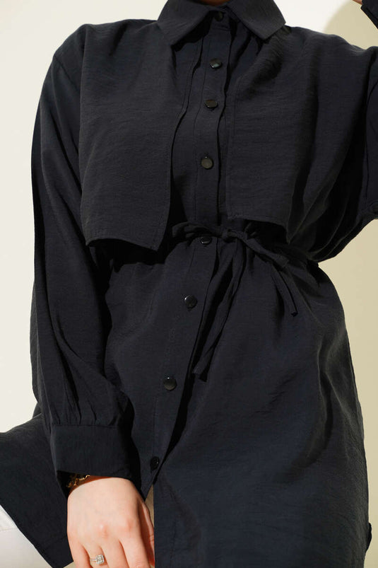 Bolero-Shirt aus Tencel mit Seilgürtel und Detail in Schwarz