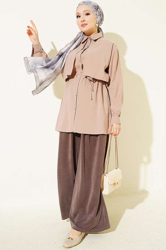 Tie-Belt Textured Mink Bolero Shirt In Taupe