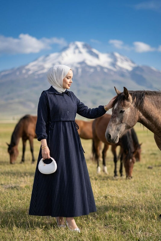 Ensemble robe à rayures avec boléro bleu marine