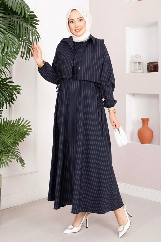 Ensemble robe à rayures avec boléro bleu marine