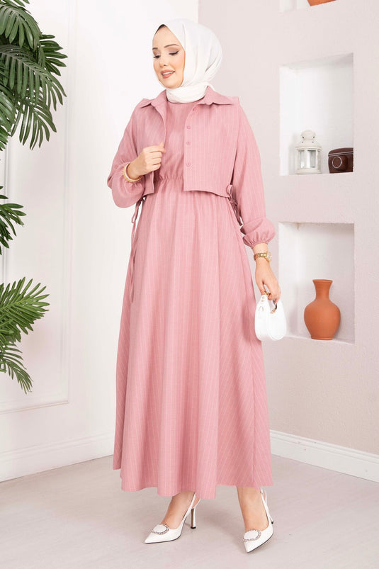 Completo abito a righe con bolero rosa