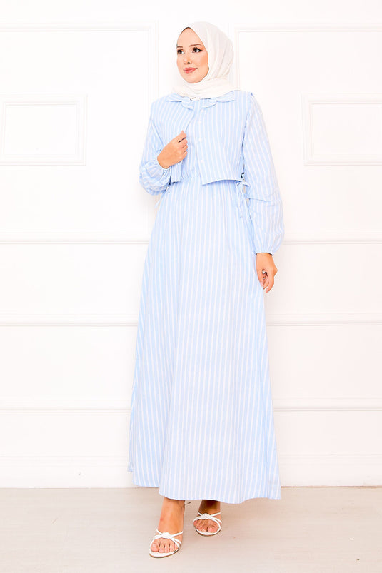 Bolerolu Çizgili Tesettür Elbise Bebe Mavisi