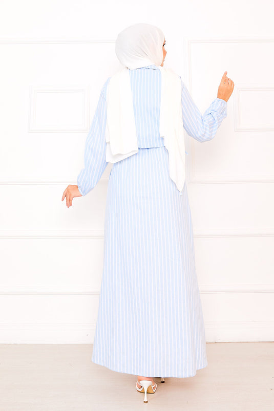 Bolerolu Çizgili Tesettür Elbise Bebe Mavisi